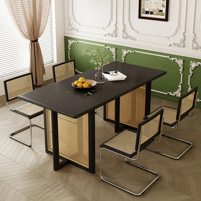 Nordic solid wood rattan dining table and chairs combined with modern simple retro French ash wood black dining table