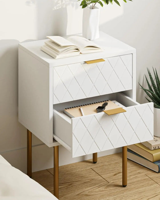 2 Drawer Dresser for Bedroom, Small Side Table with 2 Drawers, Bedside Furniture, Night Stand, End Table with Gold Frame for Bed