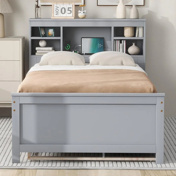 Twin platform bed with storage headboard, solid wood captain bed with twin castors, 3 drawers and USB plug