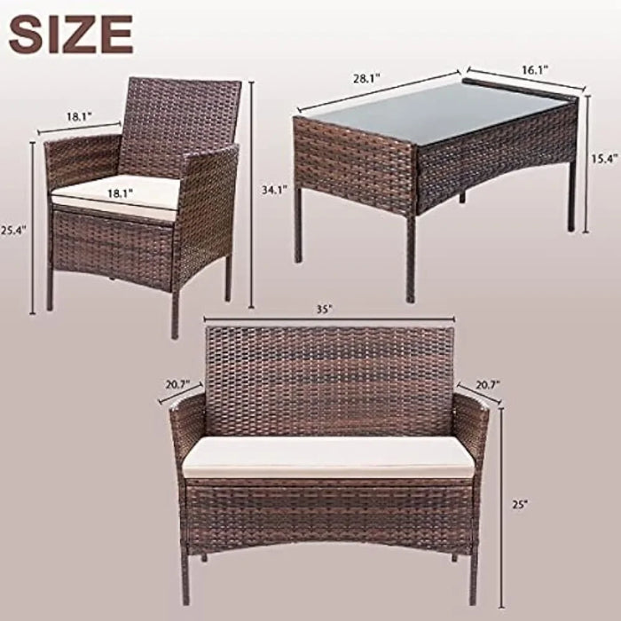 4 Pieces Porch Backyard Garden Outdoor Furniture Rattan Chairs and Table Wicker Conversation Set With Beige Cushions Sets Patio