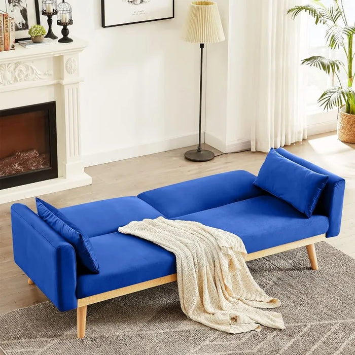 Futon Sofa Bed, Velvet Convertible Sofa Couch Sleeper with Wood Legs & 2 Pillows, Upholstered Loveseat for Small Spaces