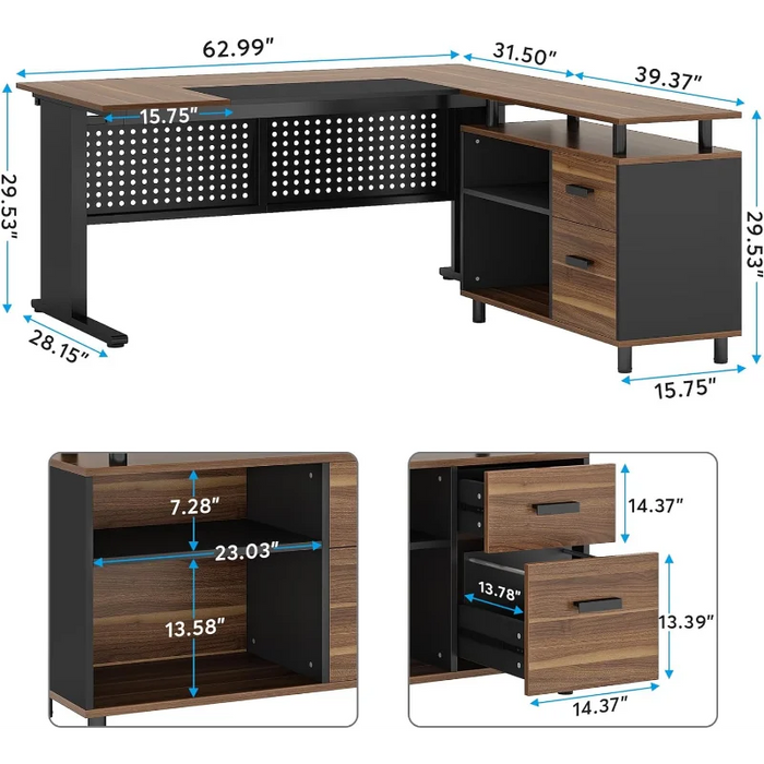 Tribesigns 63 Inch Executive Desk with File Cabinet, Large Office Desk L Shaped Computer Desk with Drawers and Storage Shelves,