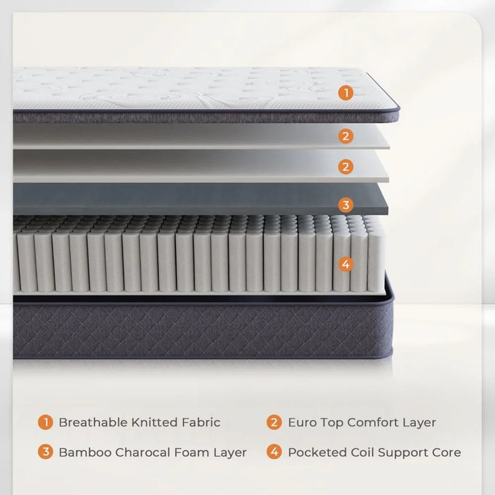 12-inch King-size Hybrid Mattress with Bamboo Charcoal Foam Mattress with Pocket Coil for A Comfortable Night's Sleep