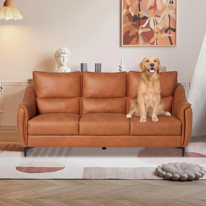 Faux Leather Sofa Couch, Modern 3-Seater Couch for Living Room/Small Space/Bedroom, Comfy Couch with Solid Wooden Frame