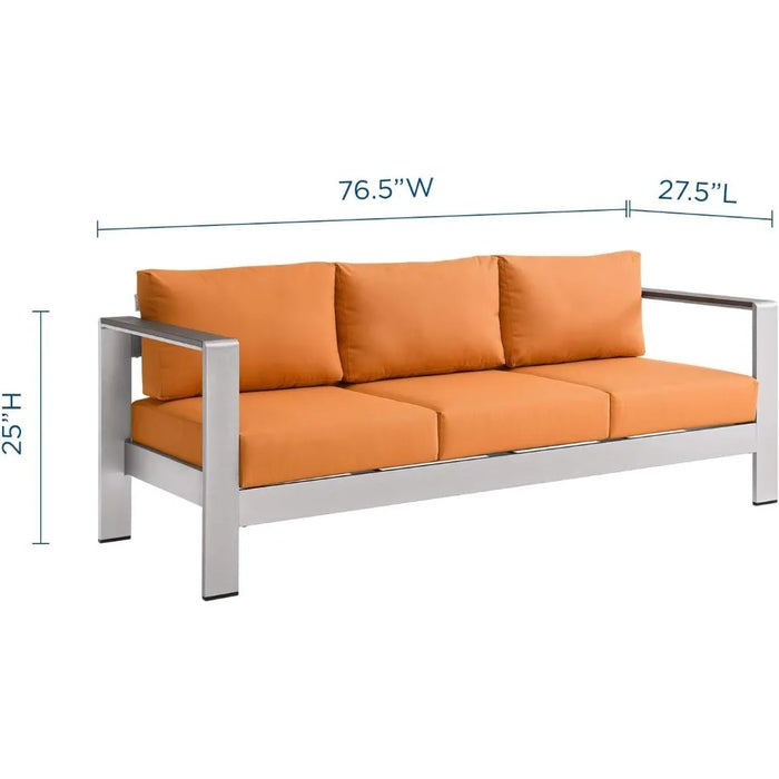 Aluminum Metal Outdoor Patio Sofa With Silver Orange All-Weather Cushions