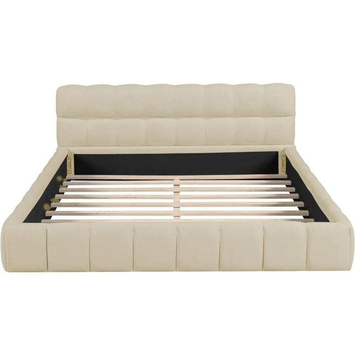 Linen Low Platform Bed Beds and Furniture for Home Modern Queen Size Upholstered Bed Frame Wingback No Spring Required Bedroom