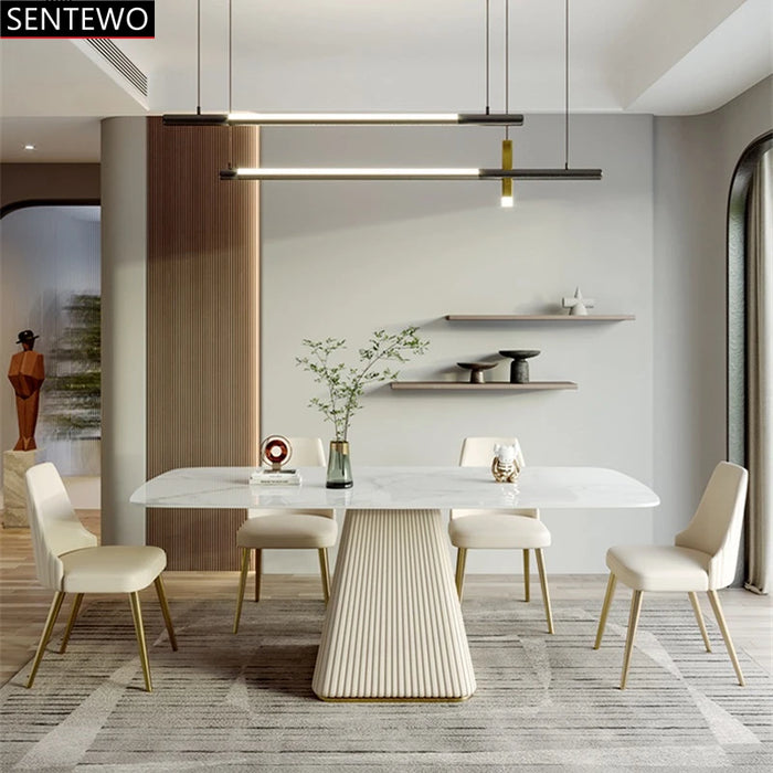 Luxury Rock Slab Dining Table 8 Dinner Chairs Set Stainless Steel Leather Base Faux Marble Table Furniture Mesa Com 6 Cadeiras