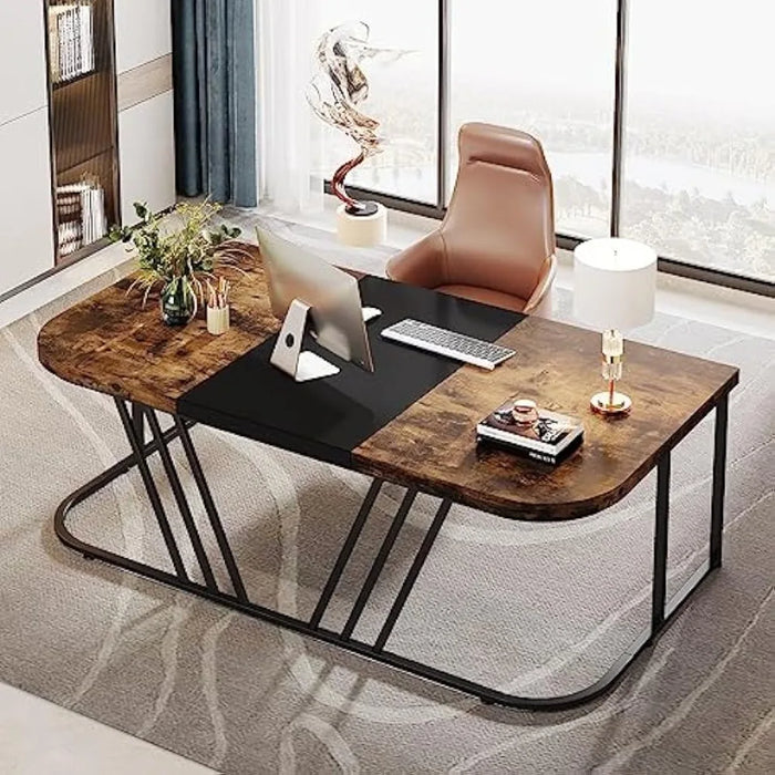 Executive Desk, Home Office Computer Desk, Rustic Large Conference Table with Heavy Duty Metal Frame, Bussiness Fu