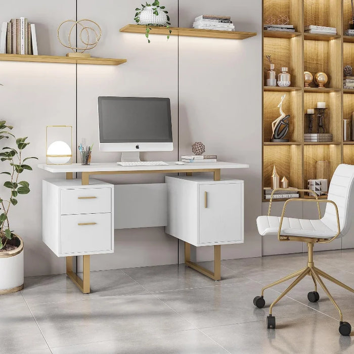 Storage Drawers and Cabinet 51.25” W-Modern Office Large Floating Desktop Surface Desk, White/Gold