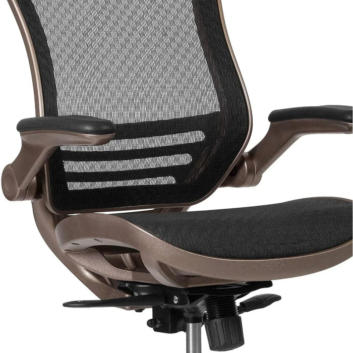 Mid-Back Transparent Black Mesh Drafting Chair With Melrose Gold Frame and Flip-Up Arms Freight Free Office Furniture Desk