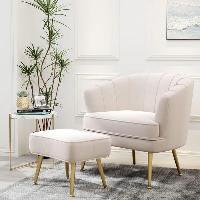 Andeworld Velvet Accent Chair with Ottoman, Upholstered Modern Single Sofa Side Chair,Comfy Barrel Club Living Room Armchair w