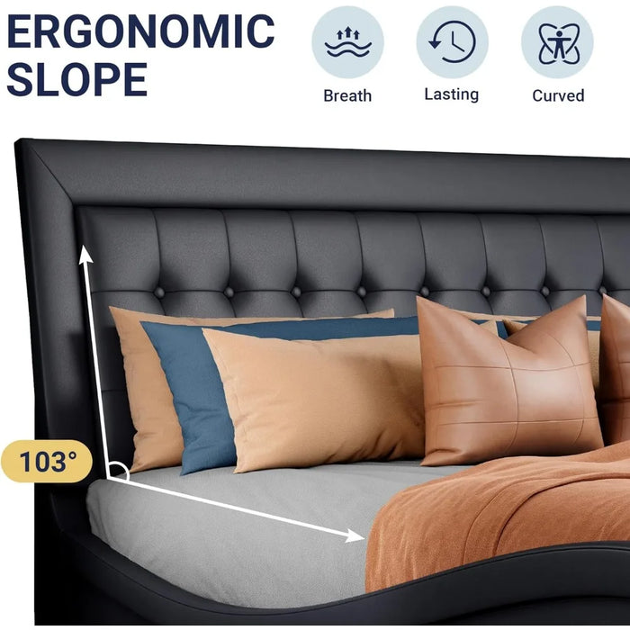 Bed frame with adjustable headboard, box tufted upholstered platform bed, mattress base with plank support, Modern Wave