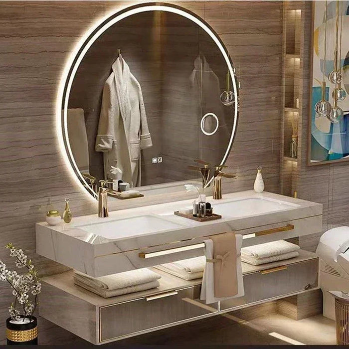 2024 Stock Modern Slate Bathroom Cabinet with Smart Mirror Ceramic Double Washbasin Bathroom Vanity Cabinets Under Sink