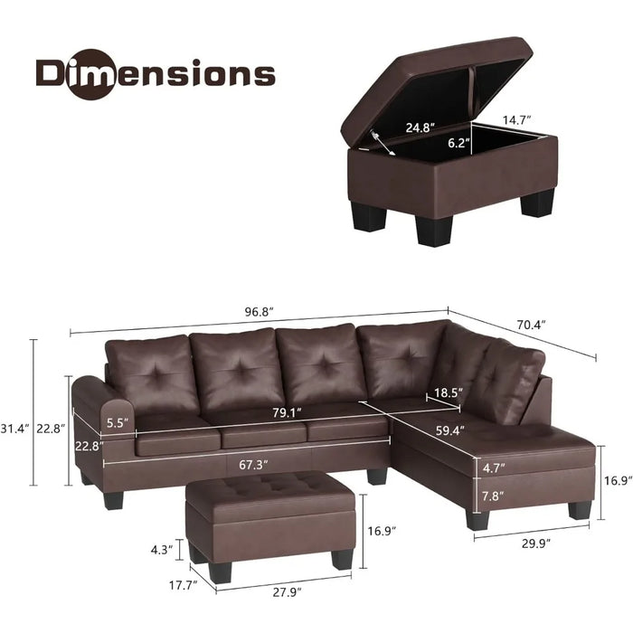 Sectional Sofa, L Shape Sofa, Right Recliner and Storage Footstool, Small PU Leather Living Room Sofa Sectional,