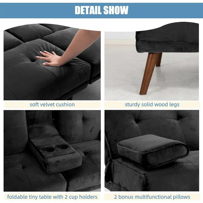 Shahoo Convertible Folding Futon Sofa Bed Sleeper Couch f, Metal Legs, 2 Cup Holders, Black
