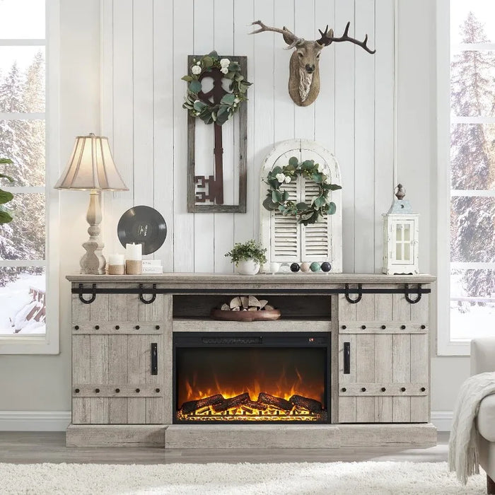 70" Fireplace TV Stand for 75 80 Inch TV, Farmhouse Highboy Entertainment Center with 30" Electric Fireplace
