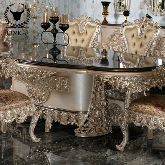 Custom-made European long dining table luxury all solid wood carved gold foil large-sized French dining table furniture