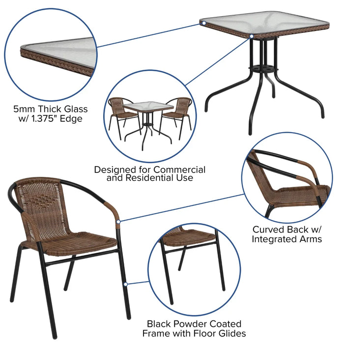 BOUSSAC 28'' Square Glass Metal Table with Gray Rattan Edging and 2 Gray Rattan Stack Chairs,Garden Furniture Sets