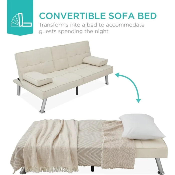 Best Choice Products Linen Modern Folding Futon, Reclining Sofa Bed for Apartment, Dorm w/Removable Armrests, 2 Cupholders