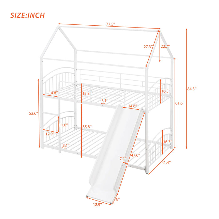 Twin Over Twin Metal Bunk Bed With Slide,Kids House Bed