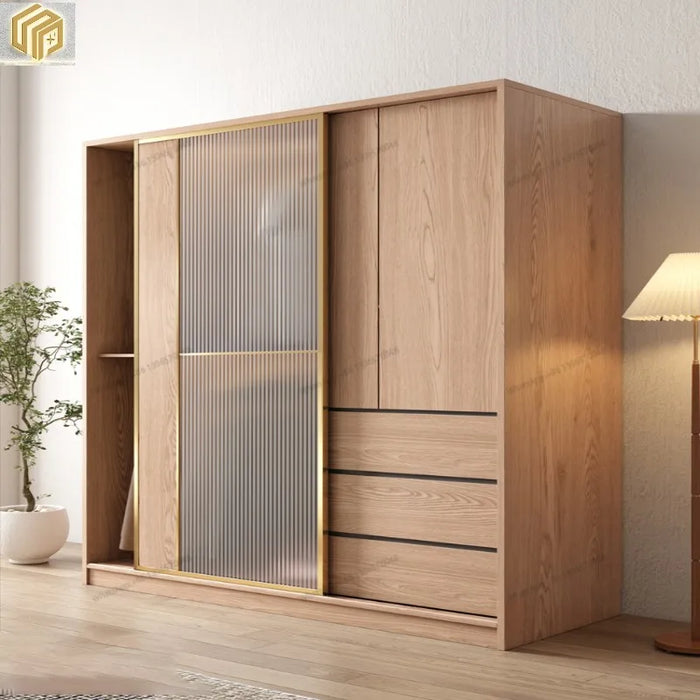 Nordic Sliding Door Wardrobe Cream Style Household Bedroom Small unit Sliding Door Cabinet Large wardrobe