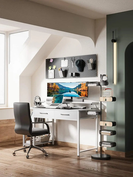 ODK Computer Desk with Drawers, 48 Inch Office Desk with Storage & Shelves, Work Writing Desk with Monitor Stand Shelf, White Ho
