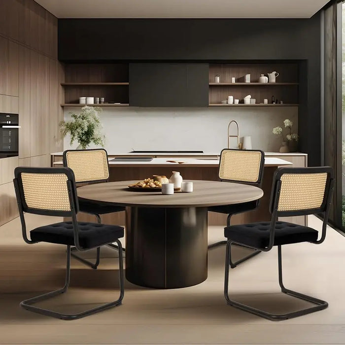 COLAMY Velvet Rattan Dining Chairs Set of 4, Mid Century Modern Dining Room Kitchen Side Chairs with Metal Chrome Legs