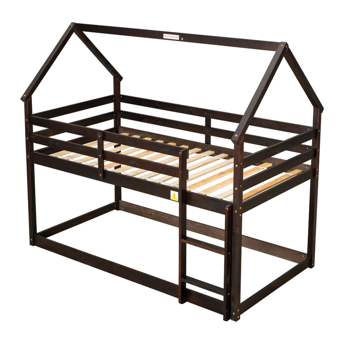 Bunk Bed for Kids Toddlers, Twin Over Twin Bunk Beds ,  Playhouse Farmhouse Roof Guardrail Ladder, for Girls & Boys