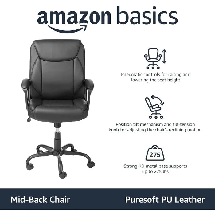 Amazon Basics Classic Puresoft PU Padded Mid-Back Office Computer Desk Chair with Armrest, 26"D x 23.75"W x 42"H, Black