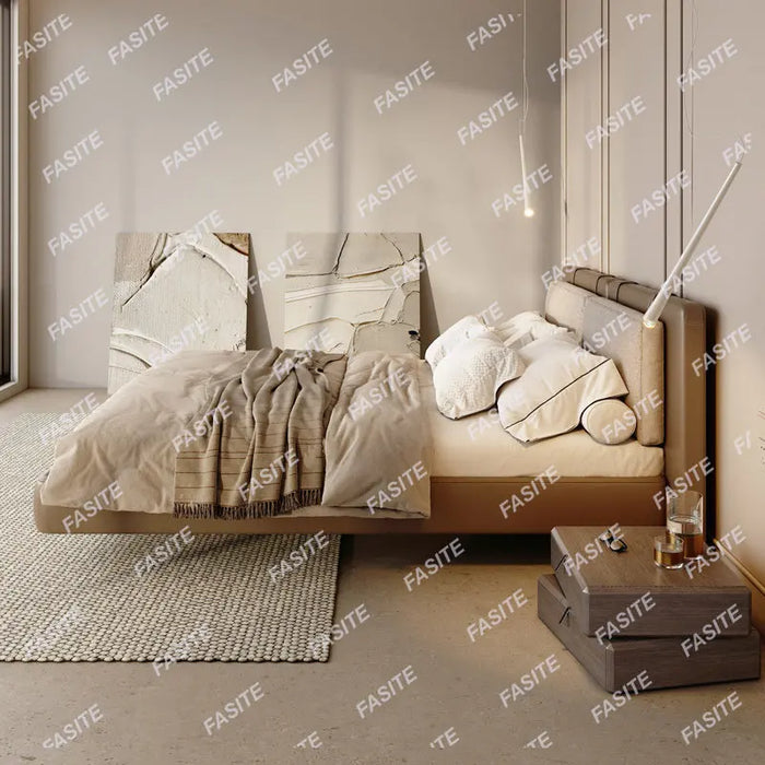 Suspended bed is light and luxurious, modern double master bedroom Italian minimalist bed, Nordic bedside cover soft bag