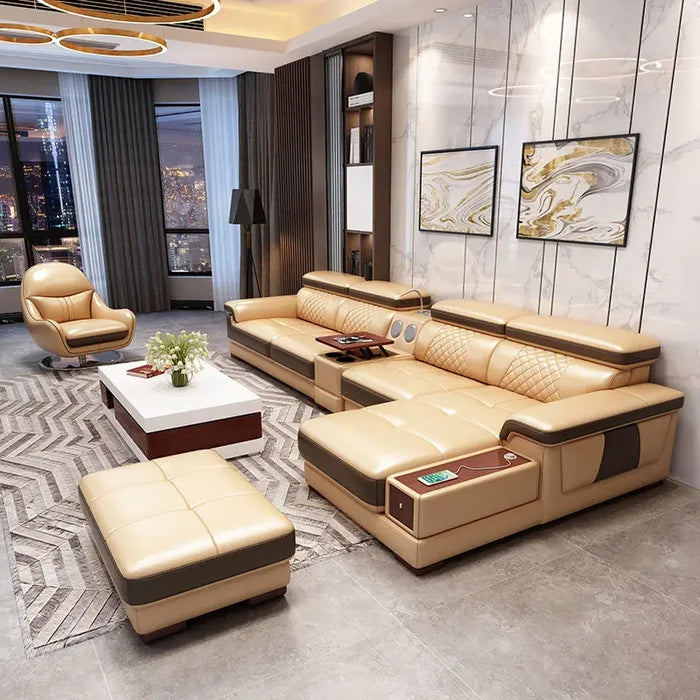 Leather Sofa Head Layer Leather Living Room Sofa Modern Simple Multi-functional Combination Of Large Small Intelligent Furniture