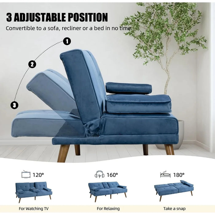 60" Small Loveseat, 3 in 1 Cute Convertible Sofa Bed, Modern Futon Recliner Sleeper w/2 Cup Holder, Blue
