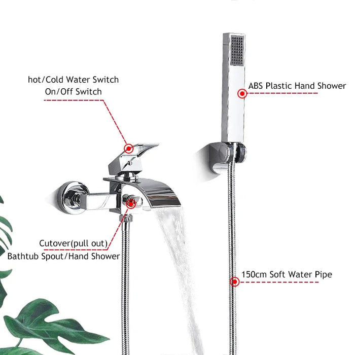 Chrome Waterfall Bathtub Faucet Wall Mounted Tub Tap  Hot Cold Water Mixer  Bath Shower   Robinet Baignoire