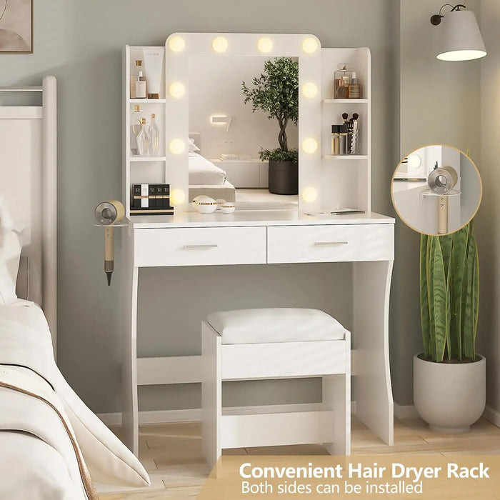 Vanity Desk with Lights,Makeup Vanity with Power Strip,Dressing Table Set with 2 Large Drawers,Vanity Mirror 3 Lighting Color Ad