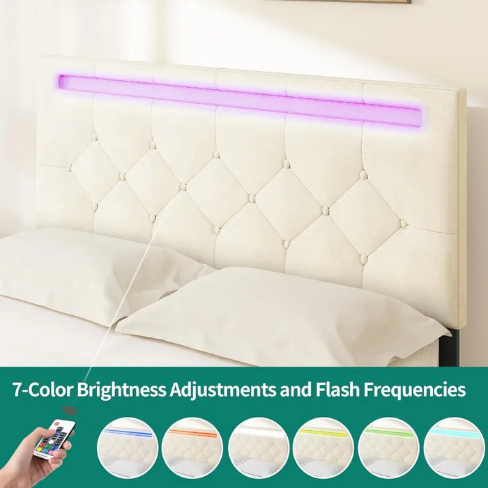 Led Bed Frame With 4 Storage Drawers, Adjustable Upholstered Headboard Platform Bed With Plank Support, No Need For A Spring Box