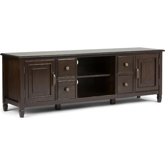 SOLID WOOD 72 Inch Wide Traditional TV Media Stand in Dark Chestnut Brown for TVs up to 80 Inches, for living room, bedroom