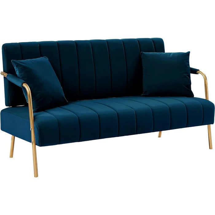 Velvet upholstered two-seater sofa tufted futon sofa with metal legs, throw pillows and cashmere fabric upholstery 2-seater sofa
