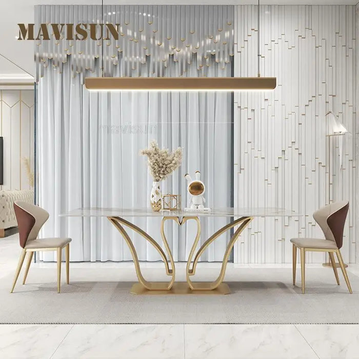 Luxury Villa Dining Room Swan Shape Rectangular Island Table 1.8m And 6 Chairs Set Golden Creative Design Marble Furniture