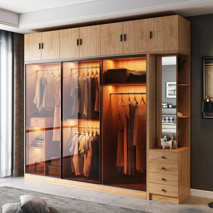 Sliding Door Wardrobe, Household Small Unit cCabinet, Light Luxury Glass Door, Overall Sliding Door Wardrobe