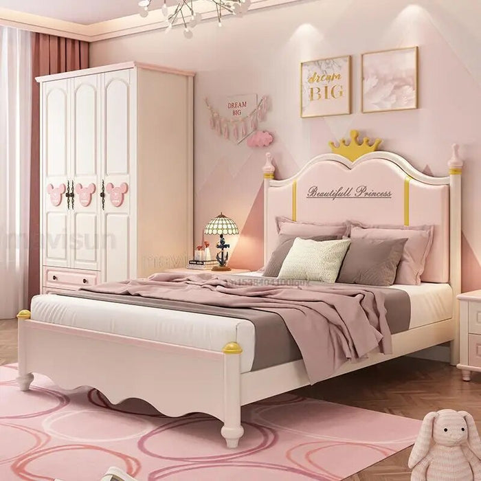 Nordic Modern Pink Children's Bed For Girl With Solid Wood Frame Loft Princess Bed 1.2m 1.5m Children's Room Furniture Set