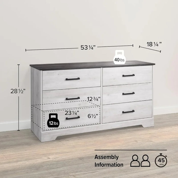 Rustic Ridge Farmhouse 6-Drawer Chest of Drawers for Bedroom, Wooden Bedroom Drawer Dresser with 6 Storage Drawers