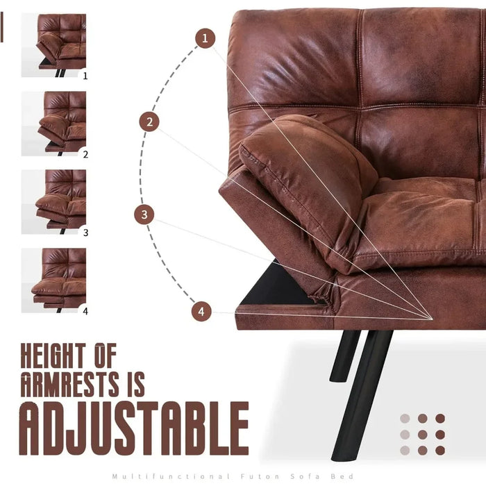 Futon Sofa Bed 71 Inch 3-Seater Modern Faux Leather Couch, Convertible Sleeper with Adjustable Armrests for Studio, Mid-Brown