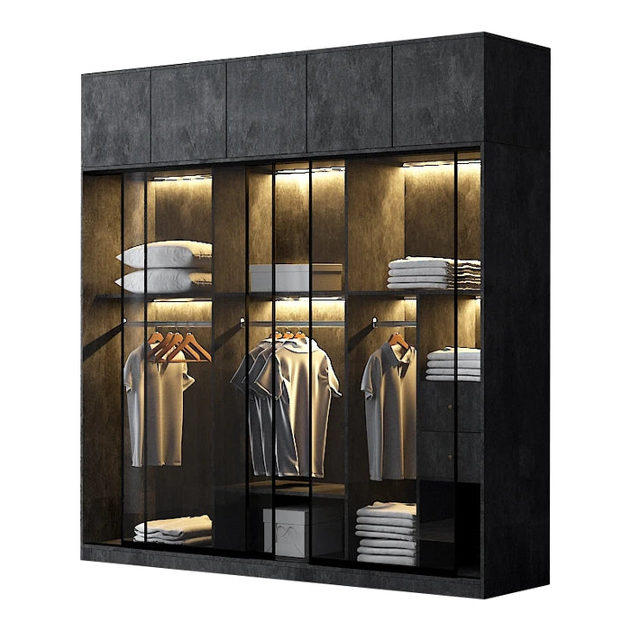 Luxury Minimal Glass Door Wardrobe Sensor Light Sliding Door Bedroom Modern Simple Sliding Door Integrated Wardrobe