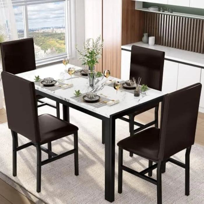 Dining Table Set for 4, Modern Kitchen Table and Chairs Set, Faux Marble Tabletop and 4 PU Leather Upholstered Chairs Dining Set
