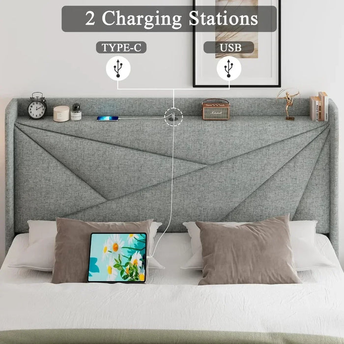 Upholstery with Type-C and USB Ports, Headboard with Wingback Storage, Noiseless, No Springs, Light Grey