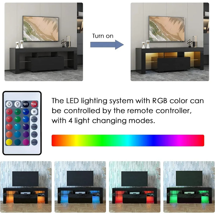 TV cabinet with LED lights and drawers, modern high gloss TV cabinet with 2 glass open shelves, living room TV cabinet