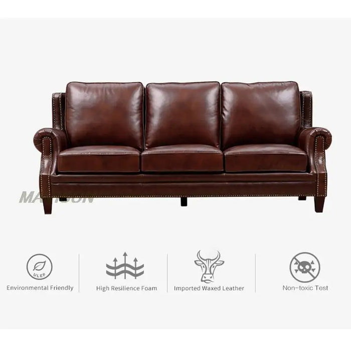 Leather First Layer Cowhide Solid Wood Sofa Combination Light Luxury Canape Living Room Small Apartment Classic Retro Couch