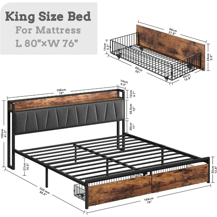 King-size bed frame,storage headboard with charging station,platform bed with drawers,no need for a box spring, easy to assemble