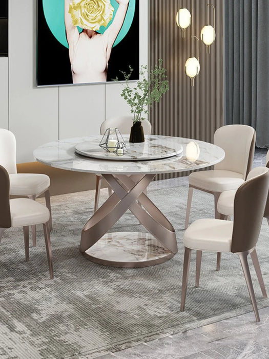 Modern simple rock plate round dining table with turntable household high-end light luxury dining table is extremely simple