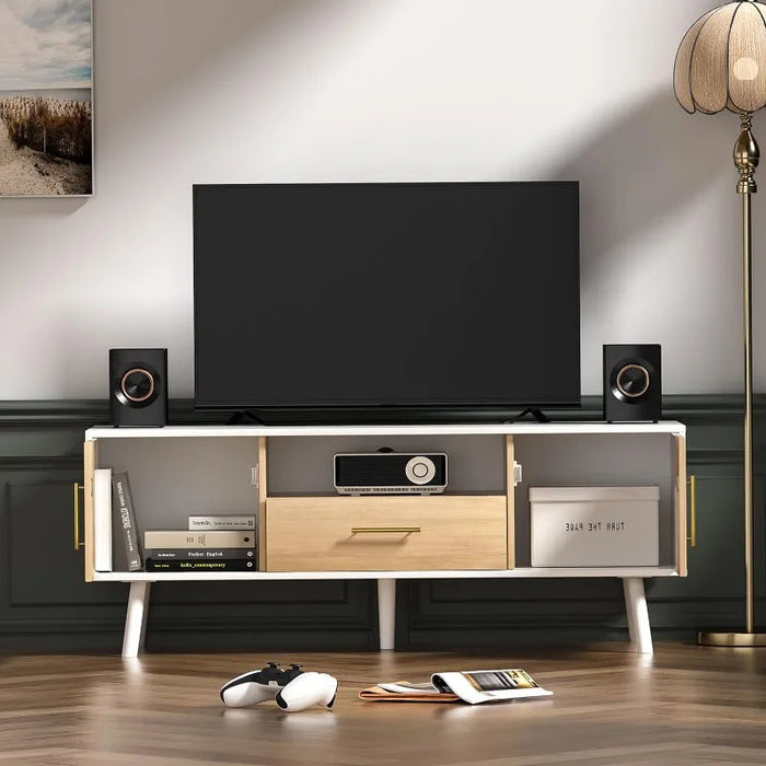 Modern TV Stand for TVs up to 55 inch, Entertainment Center with Storage Cabinet and Drawer, Bedroom TV Stand for Living Room
